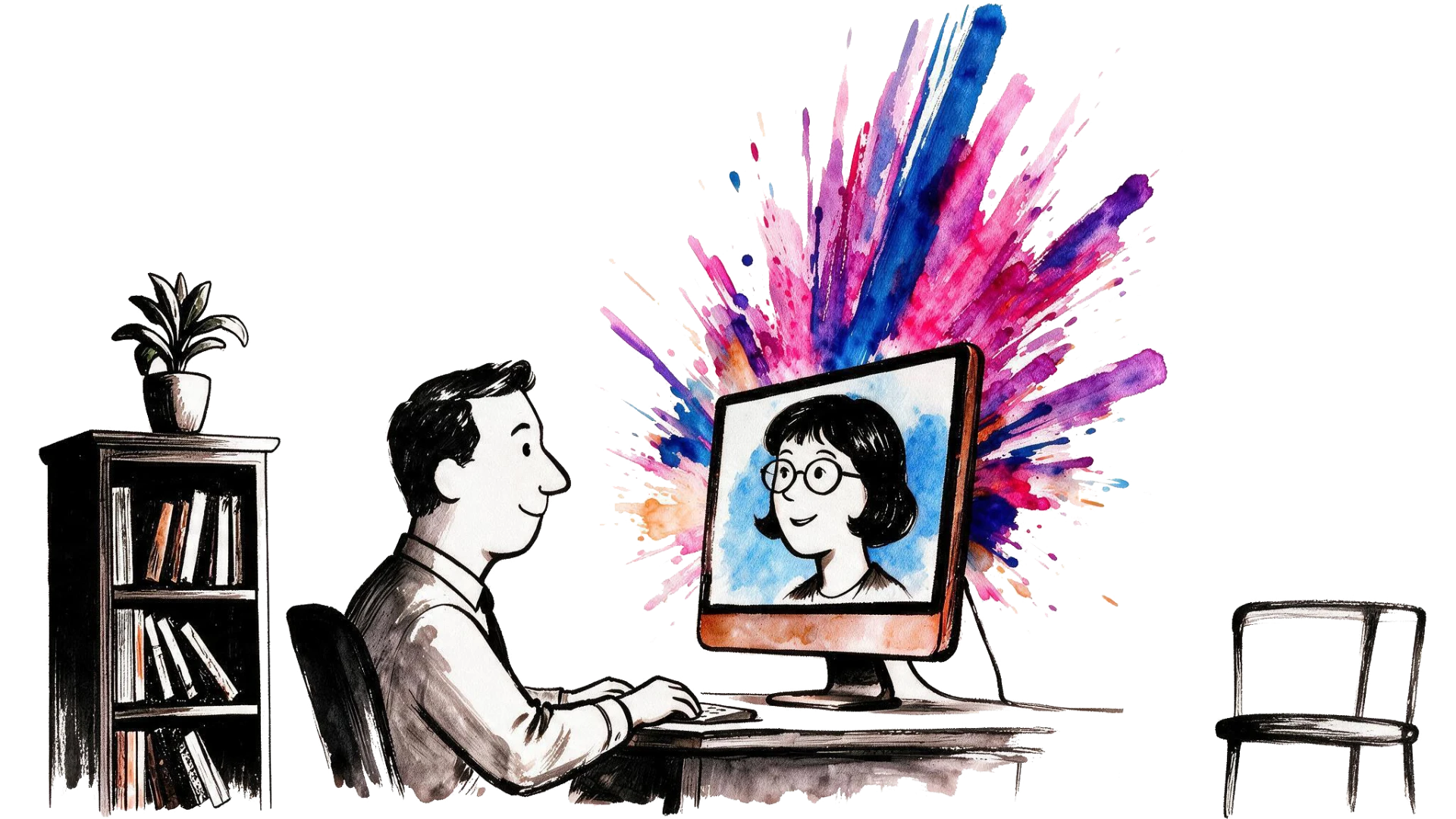 Illustration of a consultant at a computer collaborating with a creative partner via video call, with a colorful watercolor burst