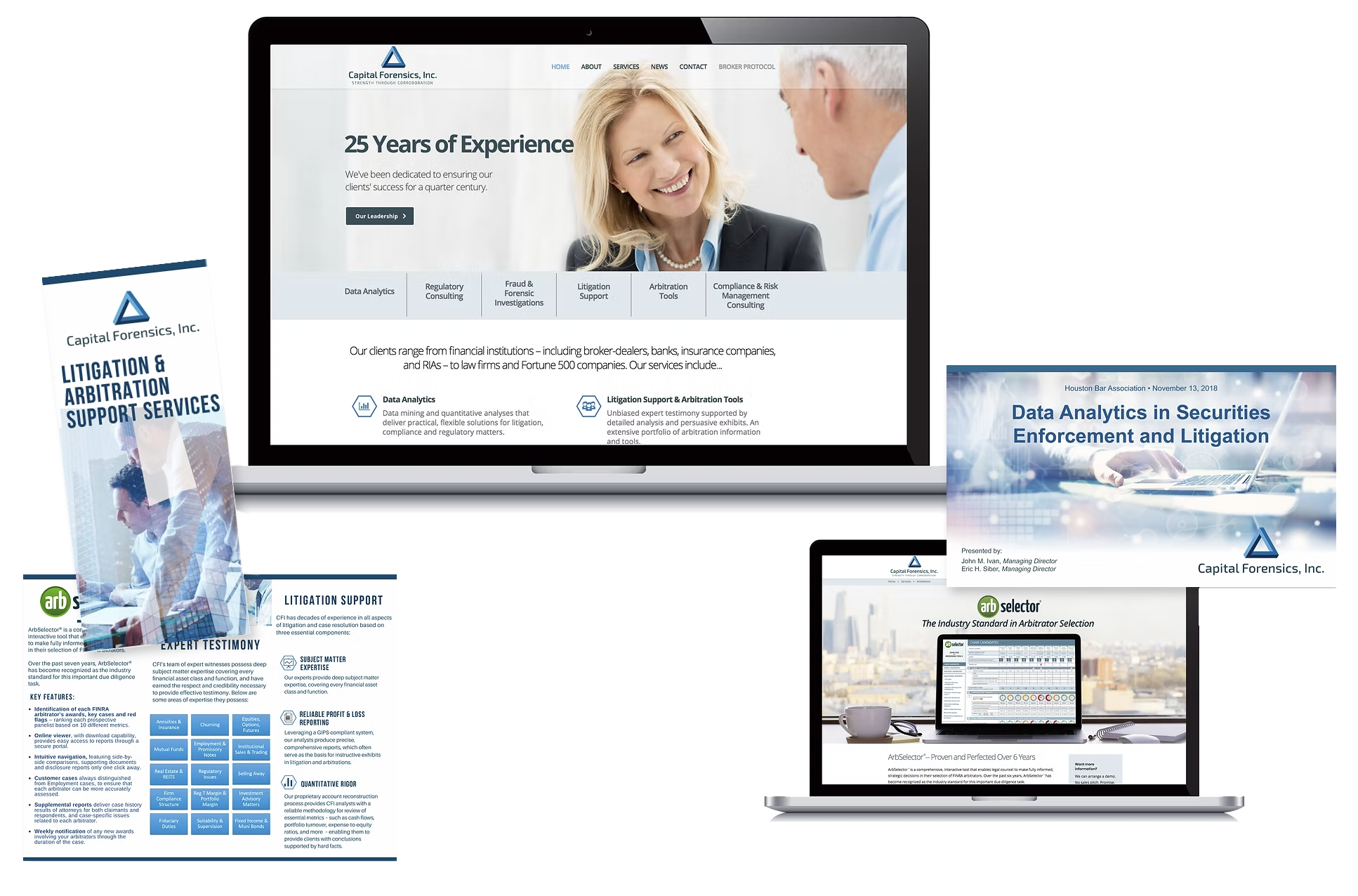 Capital Forensics website, sales collateral, presentation and ArbSelector landing page
