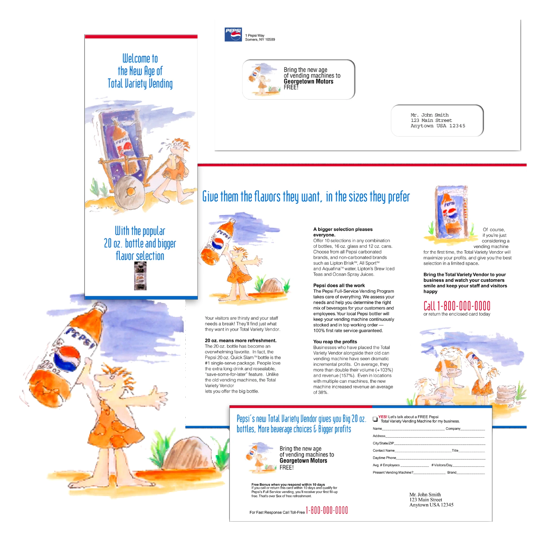 Pepsi direct mail campaign showing outer envelope, dimensional mailer, sales letter and response card