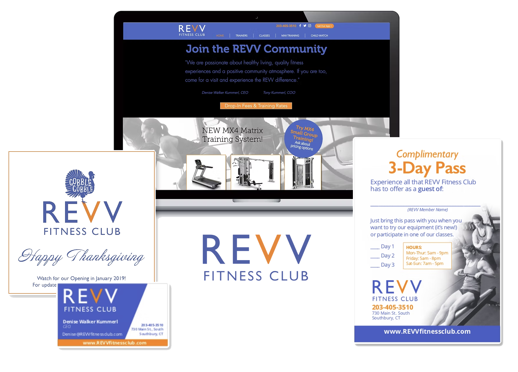 Revv fitness club website on a laptop with logo, membership pass and advertising