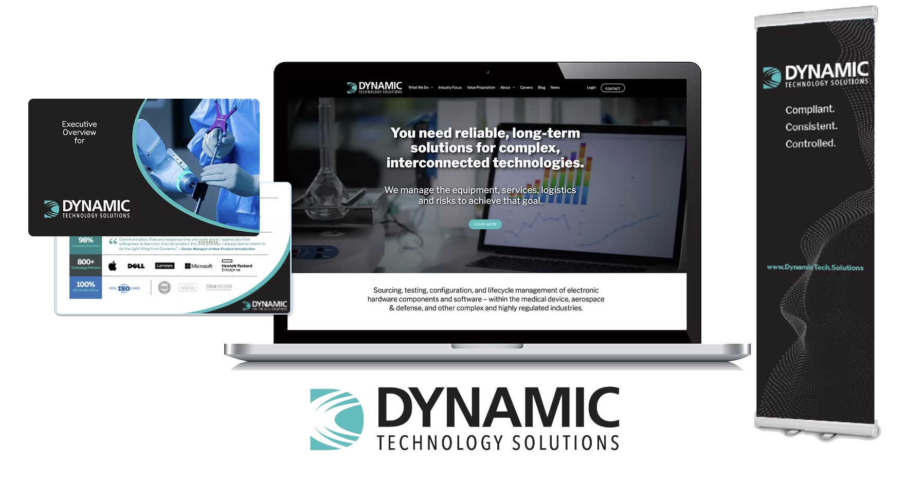 Dynamic Tech Solutions website shown on a laptop with branded presentation slides